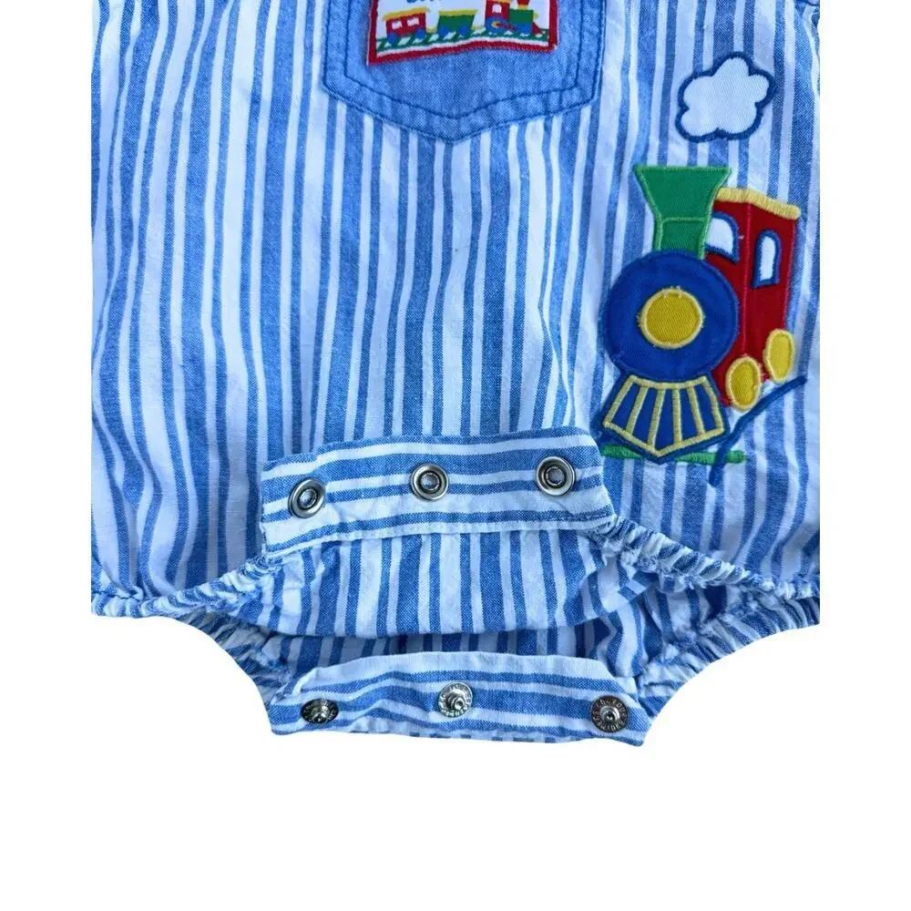Vintage Baby Train Romper Blue Railroad Stripe Overalls 6-9M